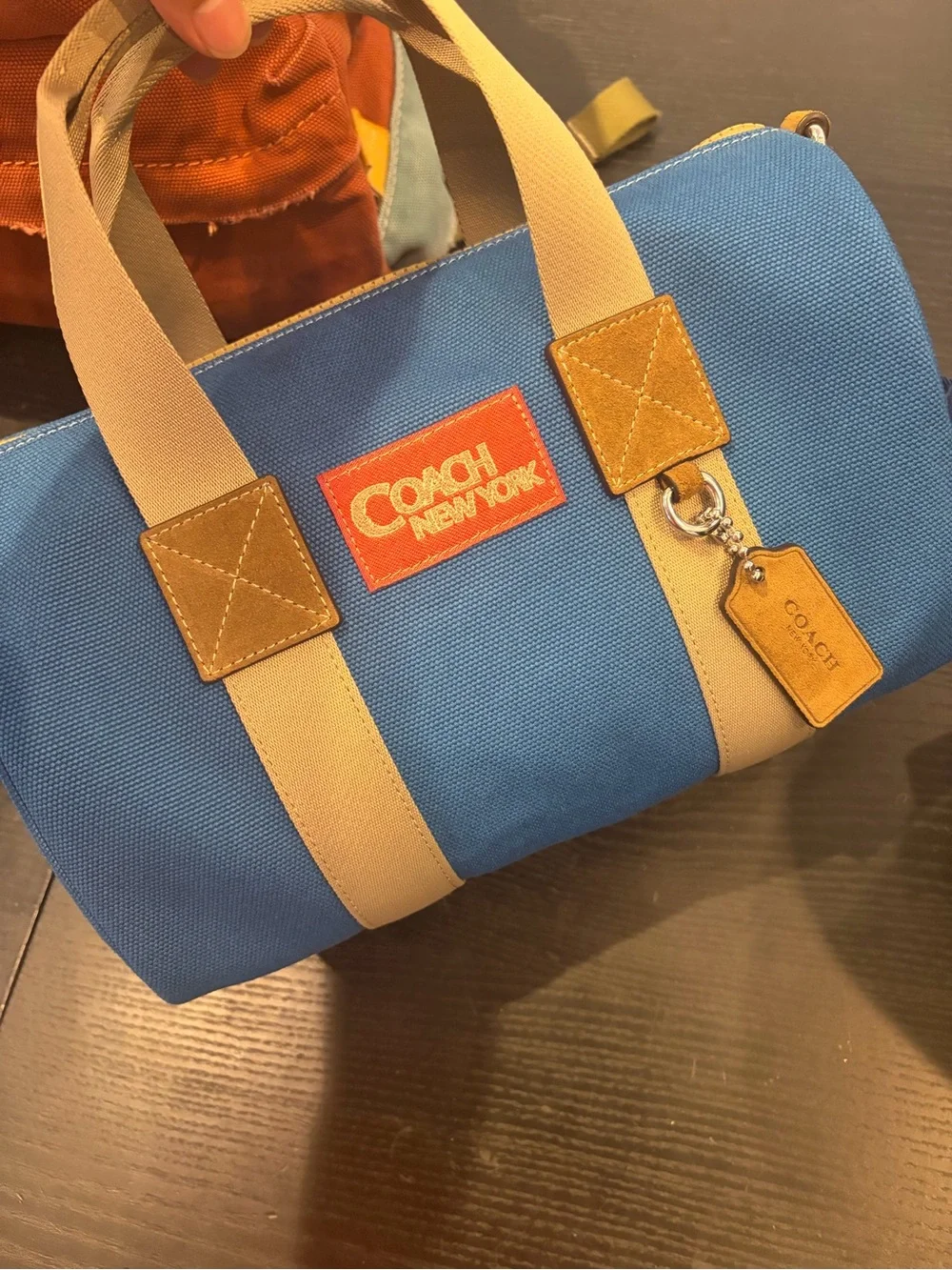 Coach Blue Canvas Tote with Cream Straps and Brown Leather Trim new with tag